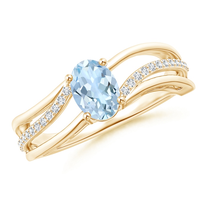 7x5mm AA Solitaire Oval Aquamarine Bypass Ring with Diamond Accents in Yellow Gold 
