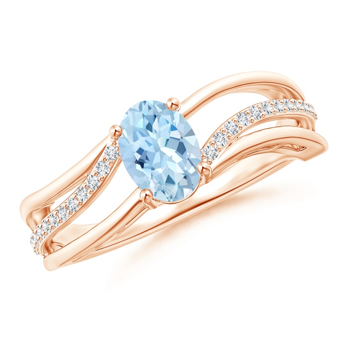 7x5mm AAA Solitaire Oval Aquamarine Bypass Ring with Diamond Accents in Rose Gold 