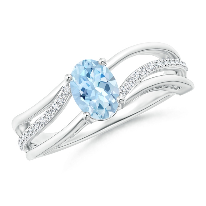 7x5mm AAA Solitaire Oval Aquamarine Bypass Ring with Diamond Accents in White Gold 