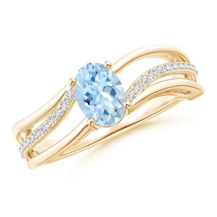 7x5mm AAA Solitaire Oval Aquamarine Bypass Ring with Diamond Accents in Yellow Gold 