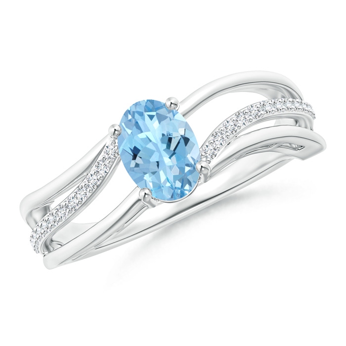 7x5mm AAAA Solitaire Oval Aquamarine Bypass Ring with Diamond Accents in White Gold 