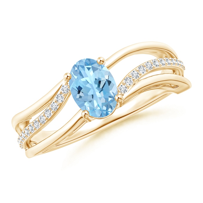 7x5mm AAAA Solitaire Oval Aquamarine Bypass Ring with Diamond Accents in Yellow Gold