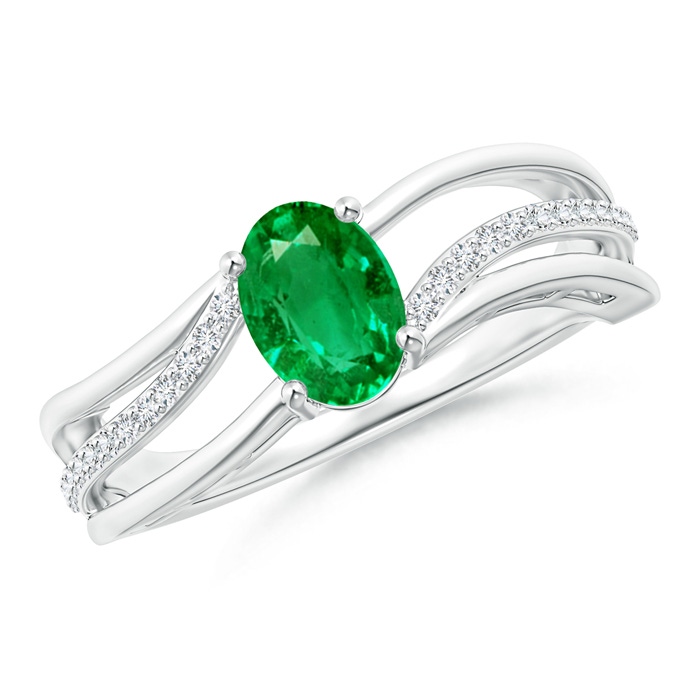 7x5mm AAA Solitaire Oval Emerald Bypass Ring with Diamond Accents in White Gold 