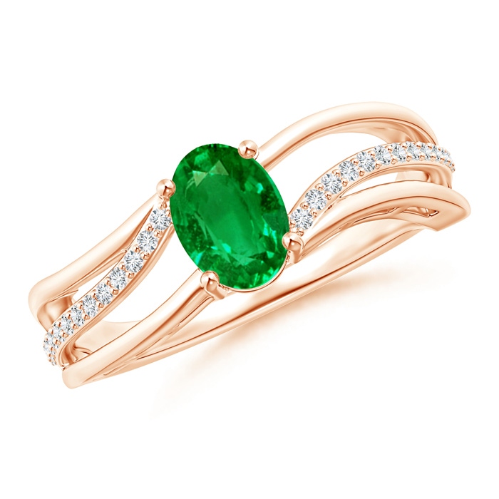 7x5mm AAAA Solitaire Oval Emerald Bypass Ring with Diamond Accents in Rose Gold