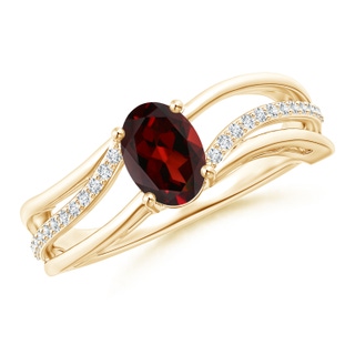 7x5mm AAA Solitaire Oval Garnet Bypass Ring with Diamond Accents in Yellow Gold