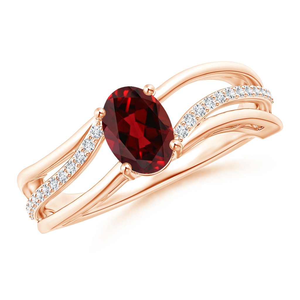 7x5mm AAAA Solitaire Oval Garnet Bypass Ring with Diamond Accents in Rose Gold