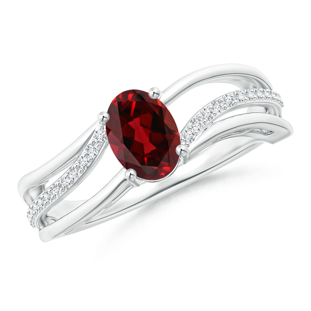 7x5mm AAAA Solitaire Oval Garnet Bypass Ring with Diamond Accents in White Gold