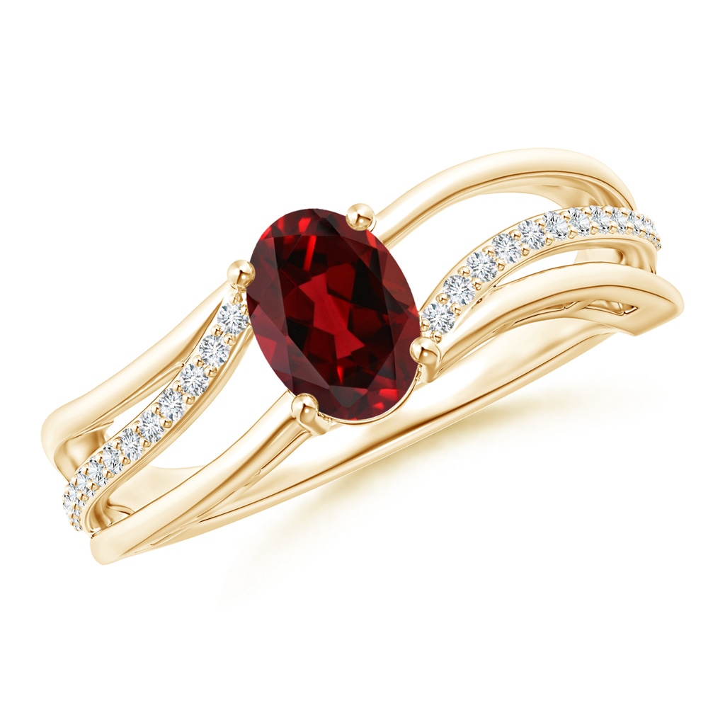 7x5mm AAAA Solitaire Oval Garnet Bypass Ring with Diamond Accents in Yellow Gold