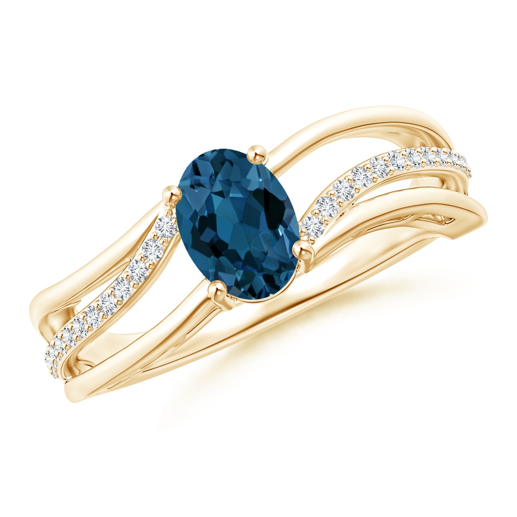 7x5mm AAA Solitaire Oval London Blue Topaz Bypass Ring with Diamonds in Yellow Gold