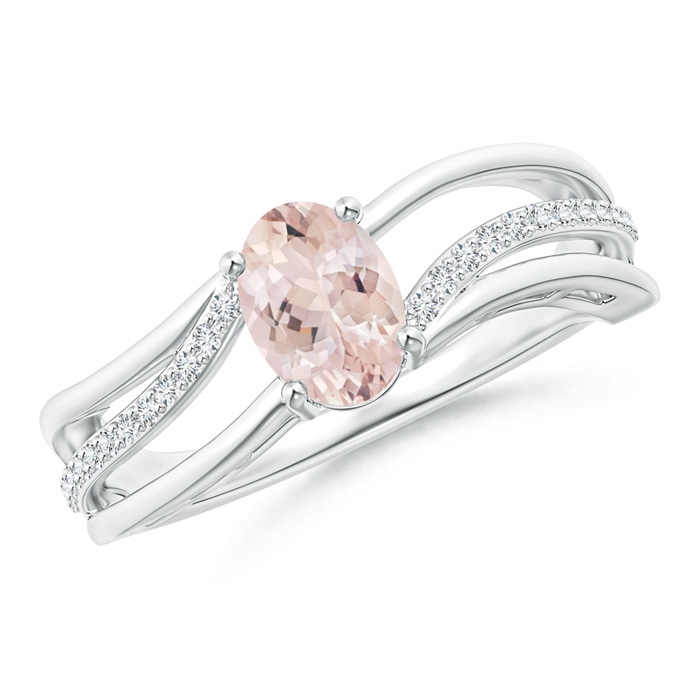 7x5mm AA Solitaire Oval Morganite Bypass Ring with Diamond Accents in White Gold 
