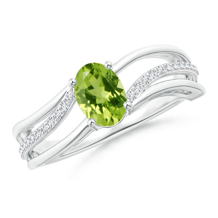 7x5mm AAA Solitaire Oval Peridot Bypass Ring with Diamond Accents in White Gold