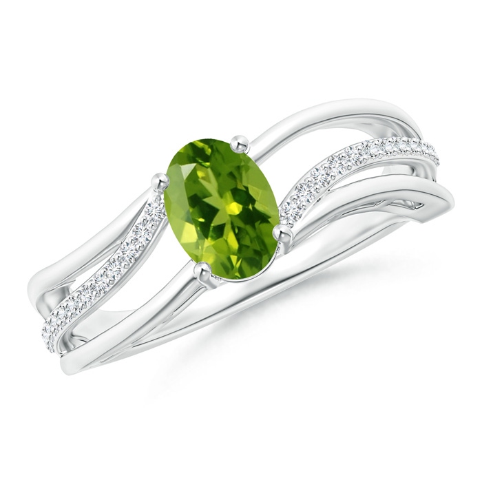 7x5mm AAAA Solitaire Oval Peridot Bypass Ring with Diamond Accents in S999 Silver