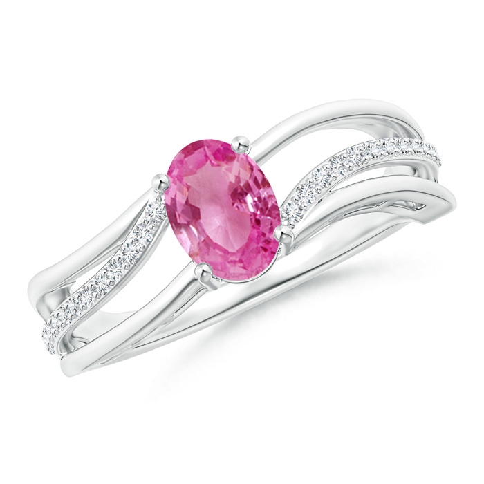 7x5mm AAA Solitaire Oval Pink Sapphire Bypass Ring with Diamond Accents in White Gold 