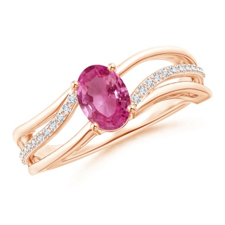 7x5mm AAAA Solitaire Oval Pink Sapphire Bypass Ring with Diamond Accents in Rose Gold