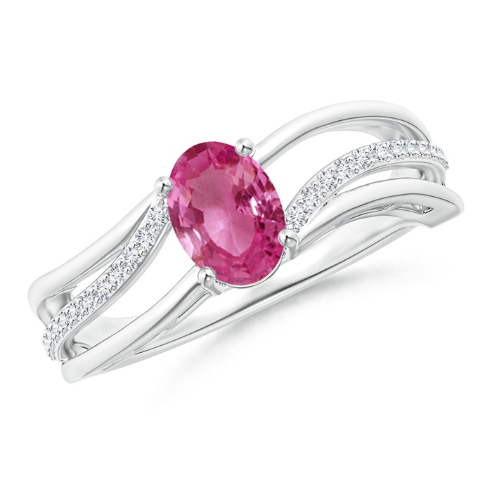 7x5mm AAAA Solitaire Oval Pink Sapphire Bypass Ring with Diamond Accents in S999 Silver