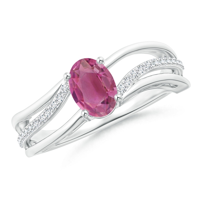 7x5mm AAA Solitaire Oval Pink Tourmaline Bypass Ring with Diamonds in White Gold 