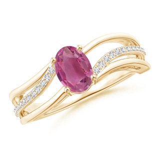 7x5mm AAA Solitaire Oval Pink Tourmaline Bypass Ring with Diamonds in Yellow Gold