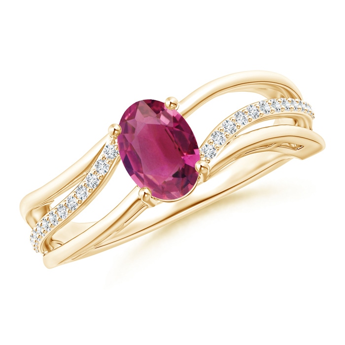 7x5mm AAAA Solitaire Oval Pink Tourmaline Bypass Ring with Diamonds in Yellow Gold