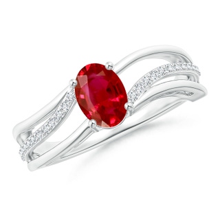 7x5mm AAA Solitaire Oval Ruby Bypass Ring with Diamond Accents in White Gold