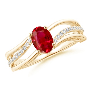 7x5mm AAA Solitaire Oval Ruby Bypass Ring with Diamond Accents in Yellow Gold