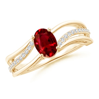 7x5mm AAAA Solitaire Oval Ruby Bypass Ring with Diamond Accents in Yellow Gold