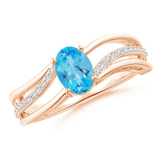 7x5mm AAA Solitaire Oval Swiss Blue Topaz Bypass Ring with Diamonds in Rose Gold