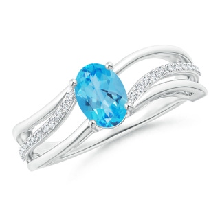 7x5mm AAA Solitaire Oval Swiss Blue Topaz Bypass Ring with Diamonds in White Gold