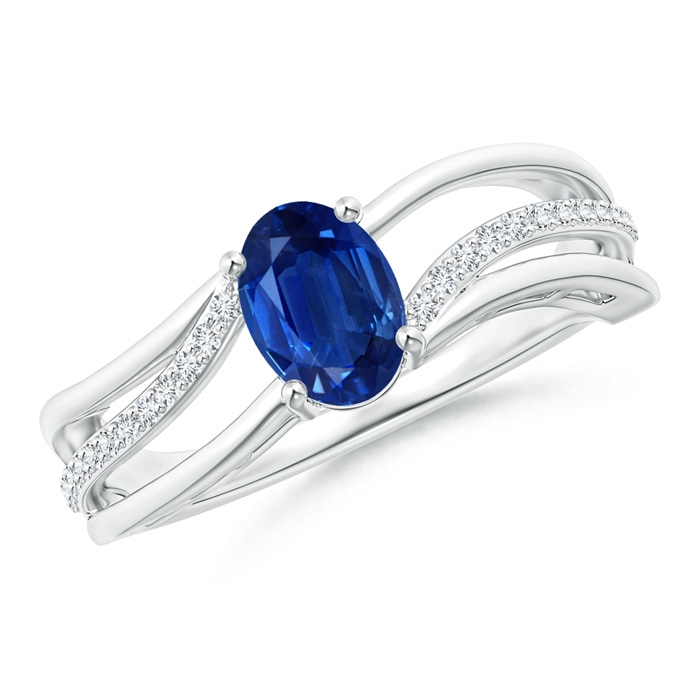 7x5mm AAA Solitaire Oval Sapphire Bypass Ring with Diamond Accents in White Gold 