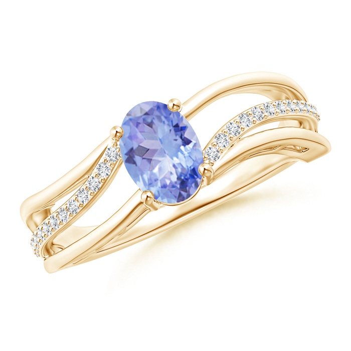 7x5mm A Solitaire Oval Tanzanite Bypass Ring with Diamond Accents in Yellow Gold 