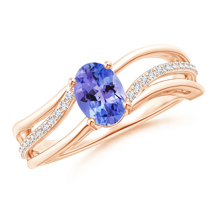 7x5mm AA Solitaire Oval Tanzanite Bypass Ring with Diamond Accents in Rose Gold 