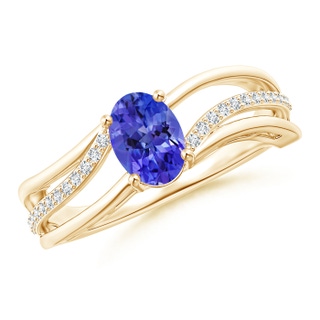 7x5mm AAA Solitaire Oval Tanzanite Bypass Ring with Diamond Accents in 9K Yellow Gold