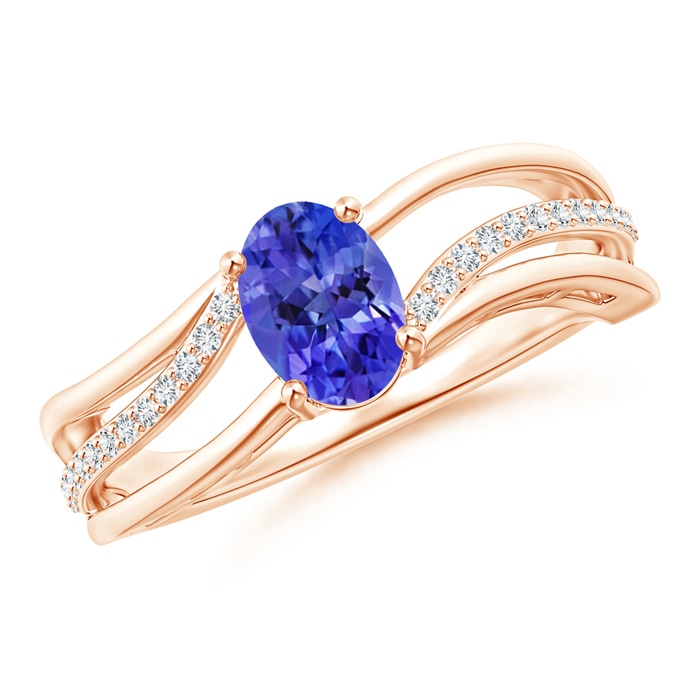7x5mm AAA Solitaire Oval Tanzanite Bypass Ring with Diamond Accents in Rose Gold