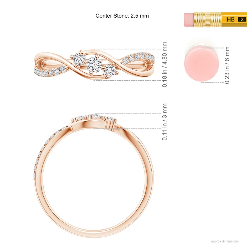 2.5mm HSI2 Diamond Infinity Twist Three Stone Bypass Ring in Rose Gold ruler