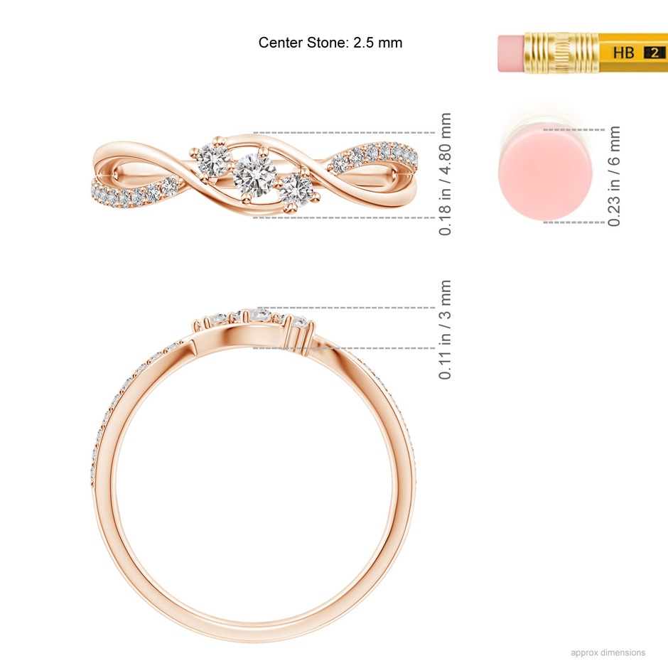 2.5mm IJI1I2 Diamond Infinity Twist Three Stone Bypass Ring in Rose Gold ruler