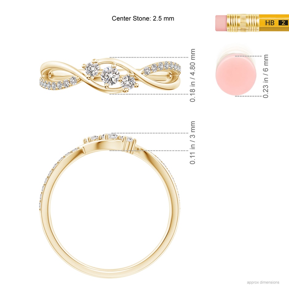 2.5mm IJI1I2 Diamond Infinity Twist Three Stone Bypass Ring in Yellow Gold ruler