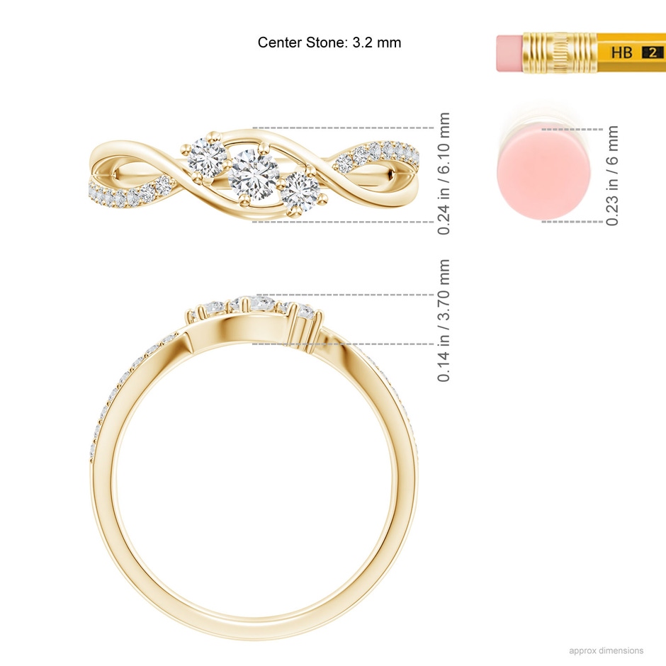 3.2mm HSI2 Diamond Infinity Twist Three Stone Bypass Ring in Yellow Gold ruler