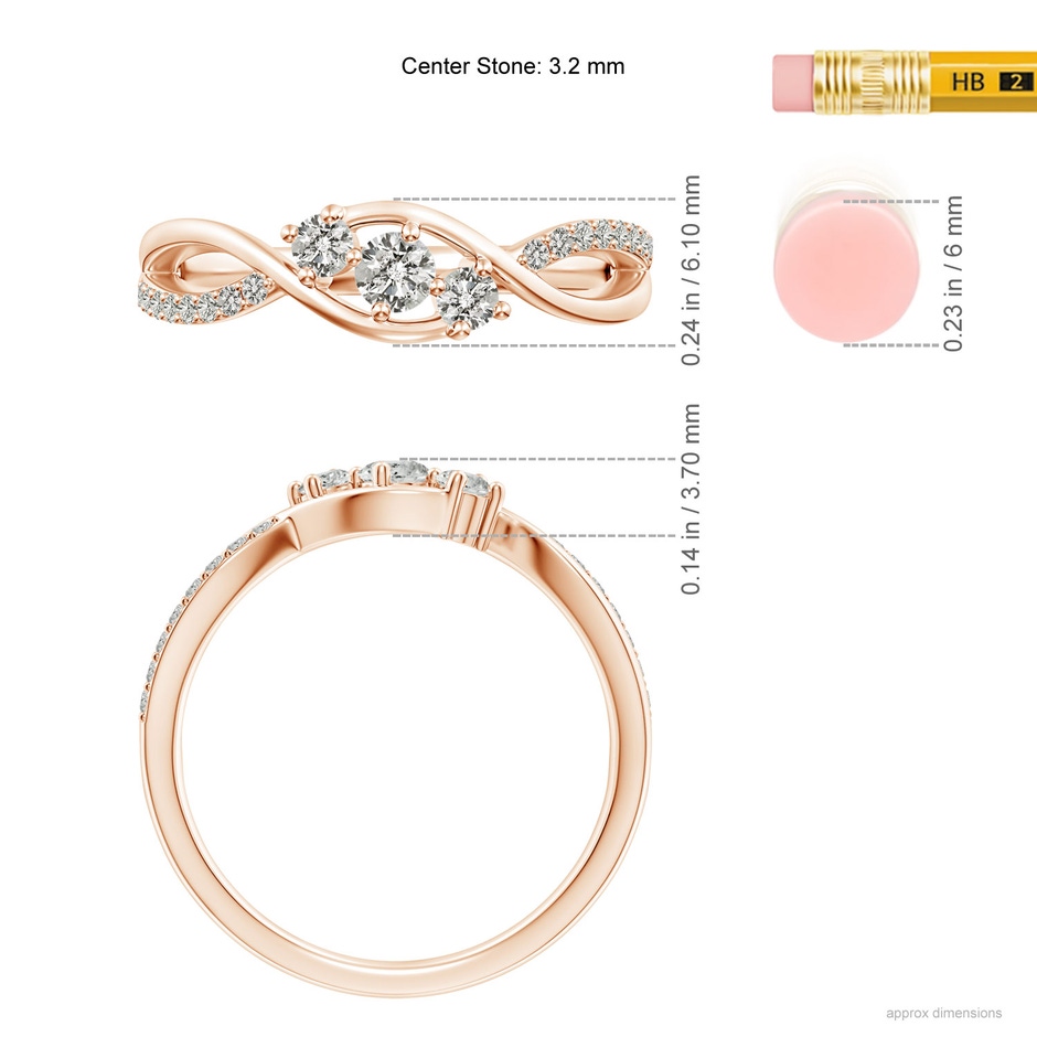 3.2mm KI3 Diamond Infinity Twist Three Stone Bypass Ring in Rose Gold ruler
