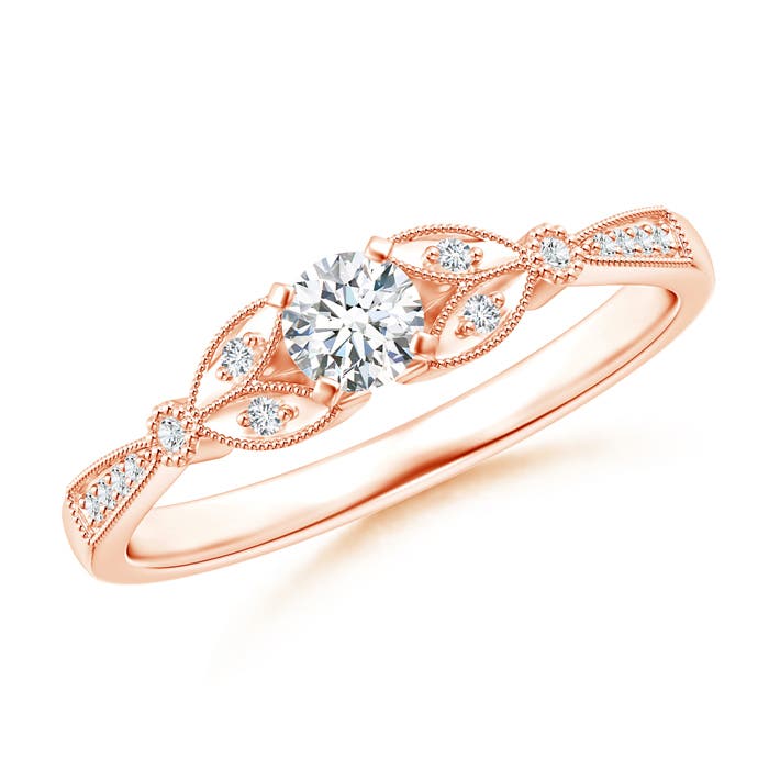 3.8mm GHVS Solitaire Diamond Leaf Engagement Ring with Milgrain in 18K Rose Gold