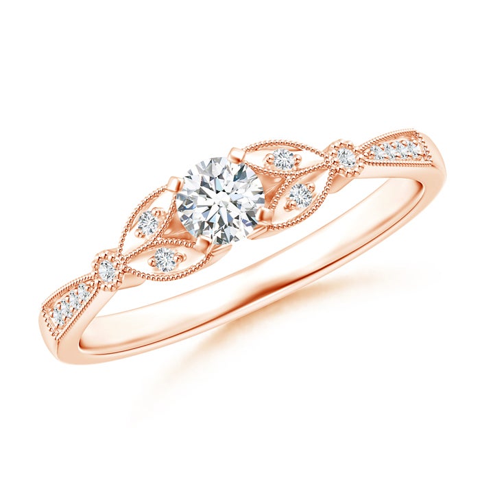 Solitaire Natural Diamond Leaf Engagement Ring with Milgrain