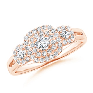 3.3mm GHVS Cushion Framed Diamond Three Stone Halo Engagement Ring in Rose Gold