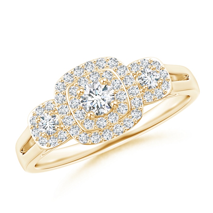 3.3mm GHVS Cushion Framed Diamond Three Stone Halo Engagement Ring in Yellow Gold