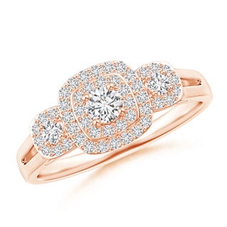 3.3mm HSI2 Cushion Framed Diamond Three Stone Halo Engagement Ring in 10K Rose Gold