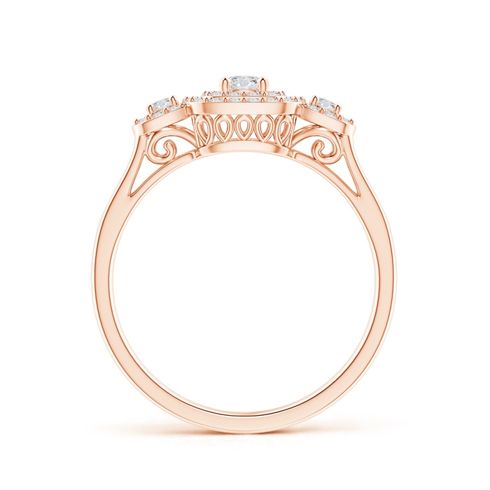 3.3mm HSI2 Cushion Framed Diamond Three Stone Halo Engagement Ring in Rose Gold Side-1