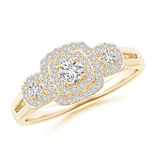 3.3mm HSI2 Cushion Framed Diamond Three Stone Halo Engagement Ring in Yellow Gold