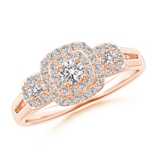 3.3mm II1 Cushion Framed Diamond Three Stone Halo Engagement Ring in Rose Gold
