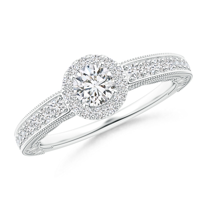 4.5mm HSI2 Vintage Style Diamond Halo Engagement Ring in White Gold
