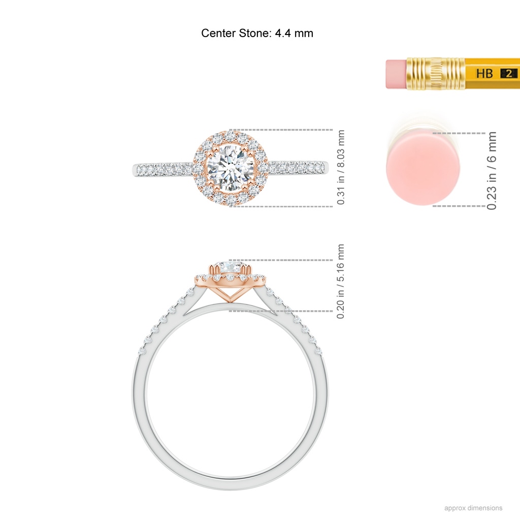 4.4mm GVS2 Floating Round Diamond Halo Engagement Ring in White Gold Rose Gold Ruler
