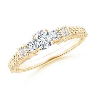 4.5mm GHVS Embossed Pattern Diamond Three Stone Engagement Ring in Yellow Gold