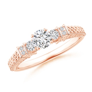 4.5mm HSI2 Embossed Pattern Diamond Three Stone Engagement Ring in Rose Gold