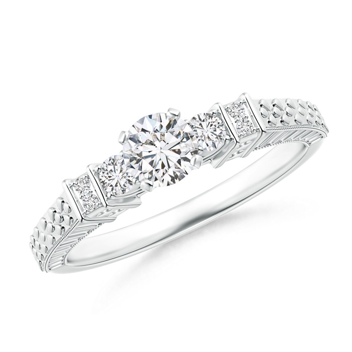 4.5mm HSI2 Embossed Pattern Diamond Three Stone Engagement Ring in White Gold